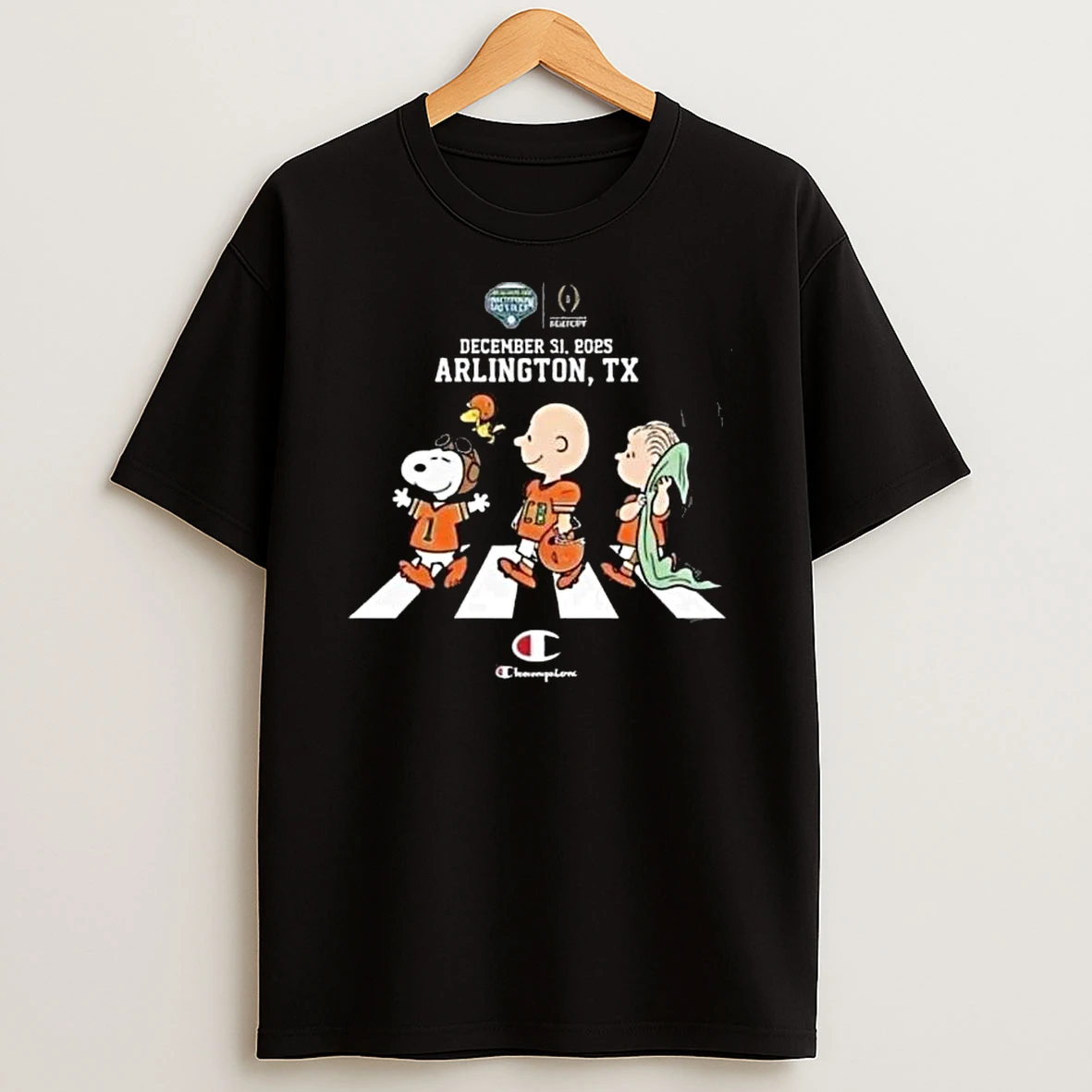 Miami Hurricanes Champion Goodyear Cotton Bowl Classic Cfp Quarterfinal December 31 2025 Snoopy Abbey Road Peanuts Family T Shirt