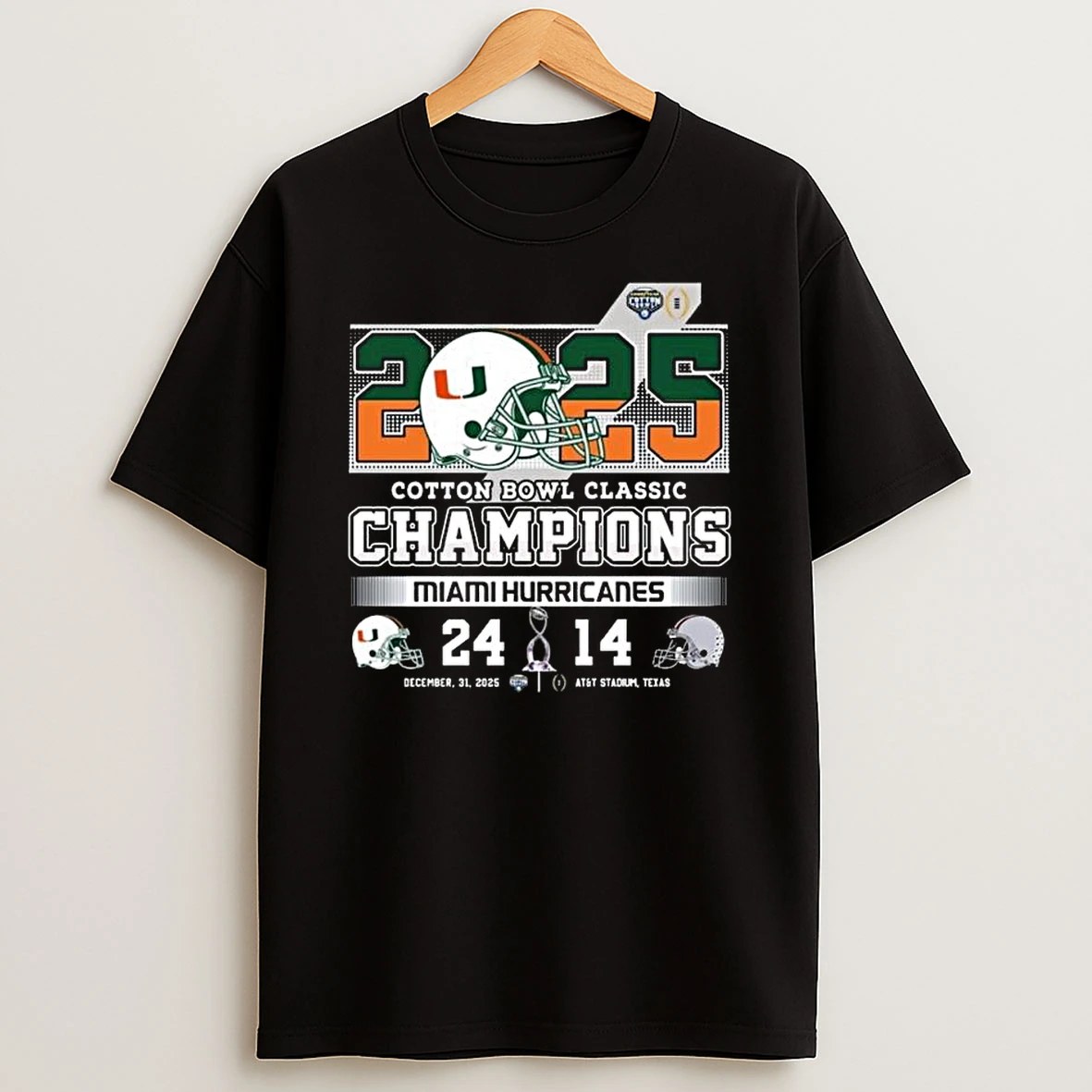 Miami Hurricanes Helmet Logo Cotton Bowl Classic Champions 2025 Score 24 14 Dec 31 2025 Att Stadium Texas T Shirt