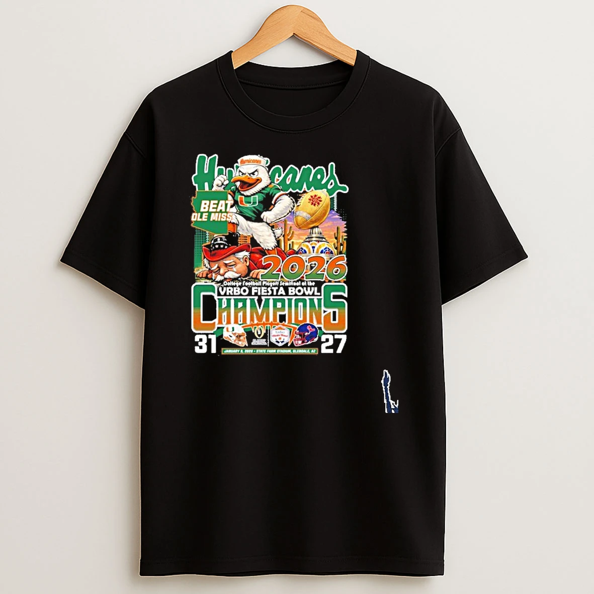 Miami Hurricanes Mascot Fiesta Bowl 2026 Champions Score T Shirt