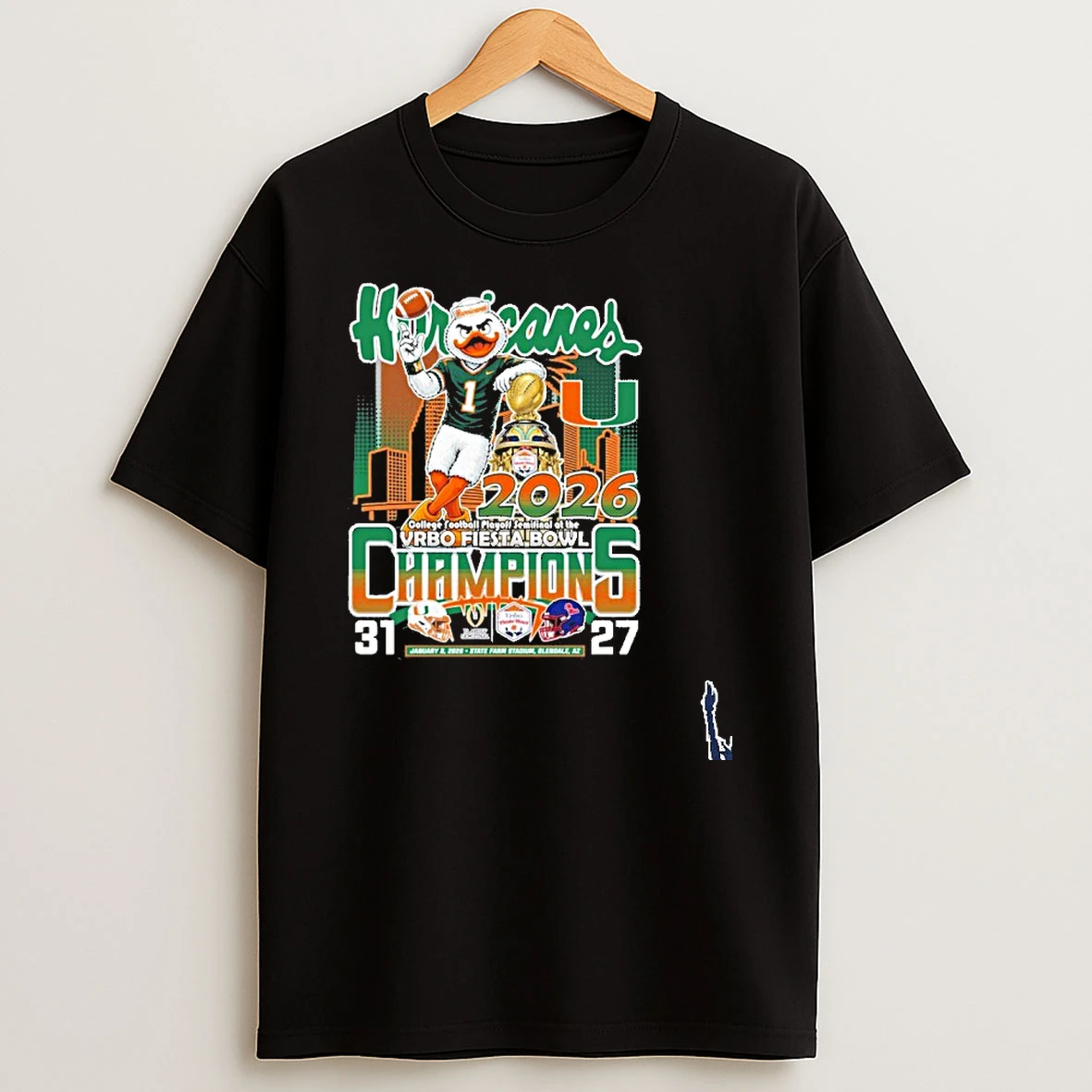 Miami Hurricanes Mascot Fiesta Bowl Champions 31 27 Ole Miss Score T Shirt