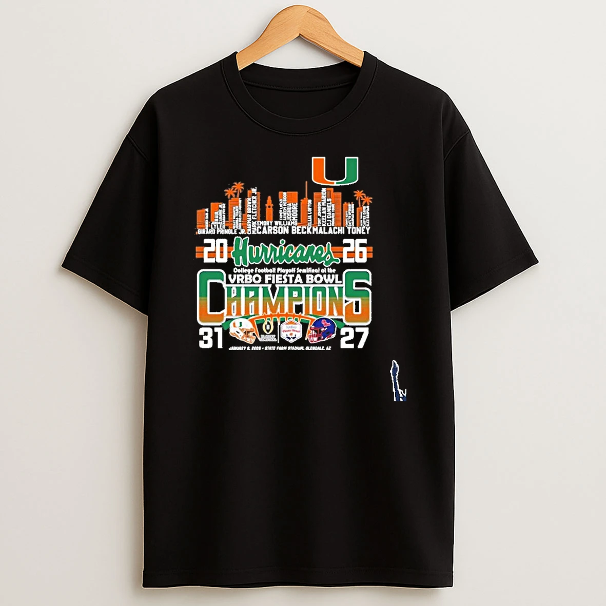 Miami Hurricanes Typo Team Name Fiesta Bowl Champions 31 27 Ole Miss Score T Shirt