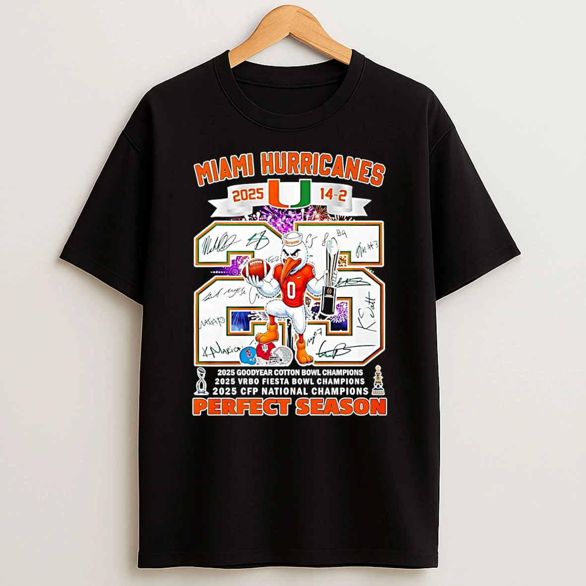 Miami Hurricanes Undefeated 2025 14 2 Perfect Season Cfp National Champions Mascot T Shirt