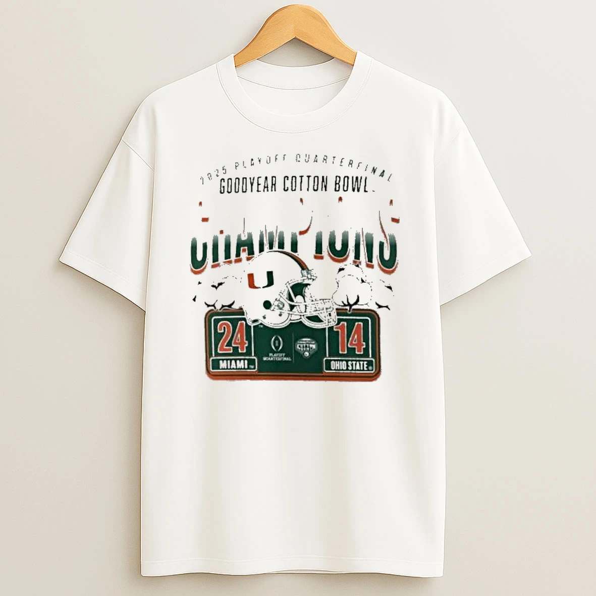 Miami Hurricanes Victory 24 14 Ohio State Buckeyes College Football Playoff 2025 Cotton Bowl Champions T Shirt