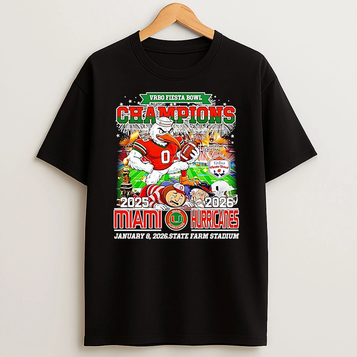 Miami Hurricanes Vrbo Fiesta Bowl Champions 2026 Mascot T Shirt