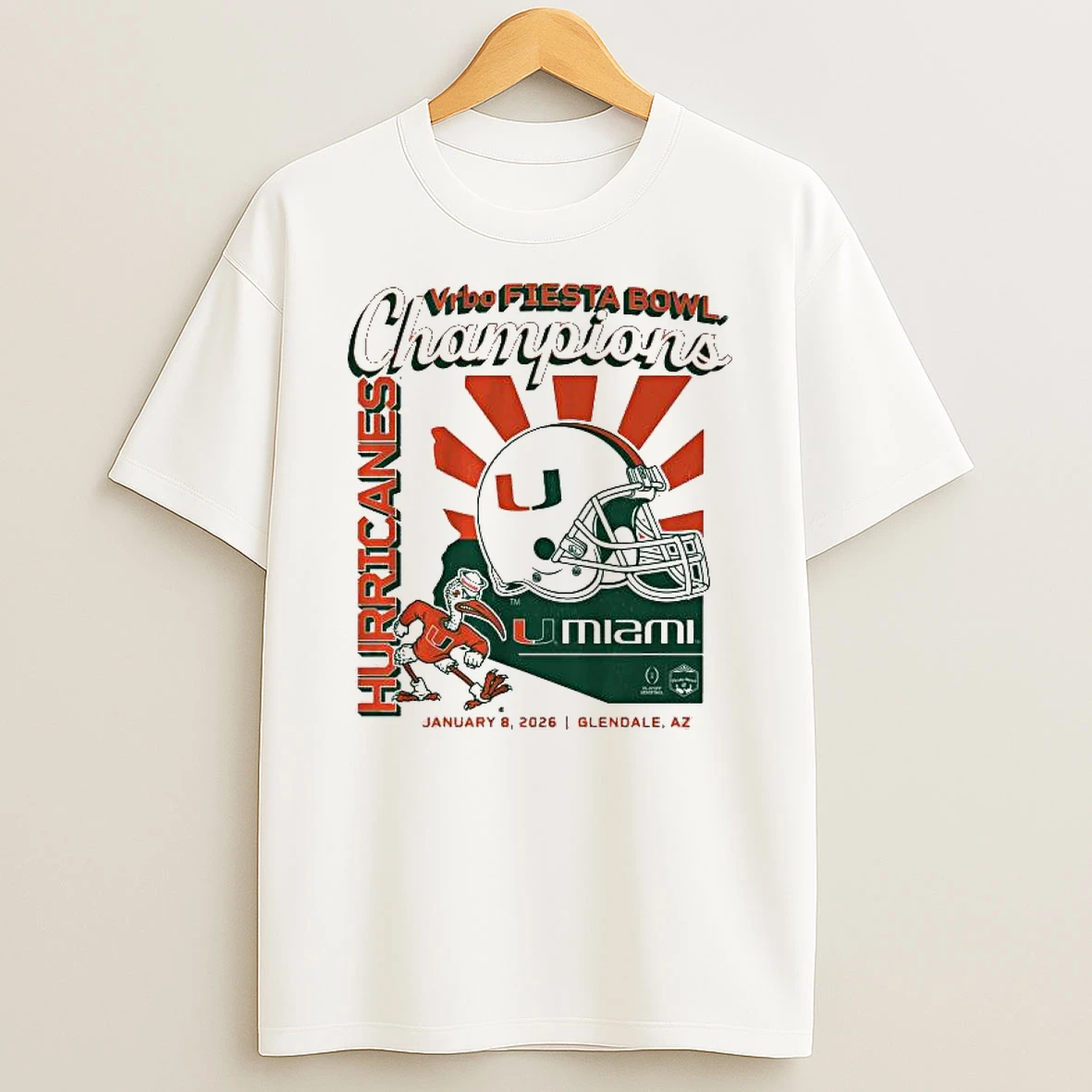 Miami Hurricanes Vrbo Fiesta Bowl National Champions January 8 2026 Glendale Az Mascot Helmet T Shirt