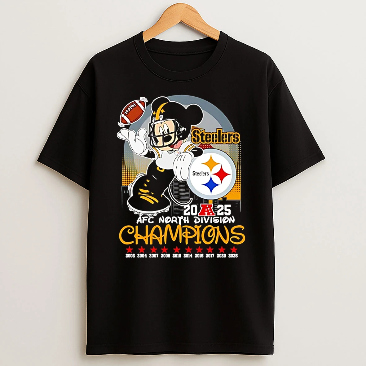Mickey Pittsburgh Steelers 2025 Afc North Champions Skyline T Shirt