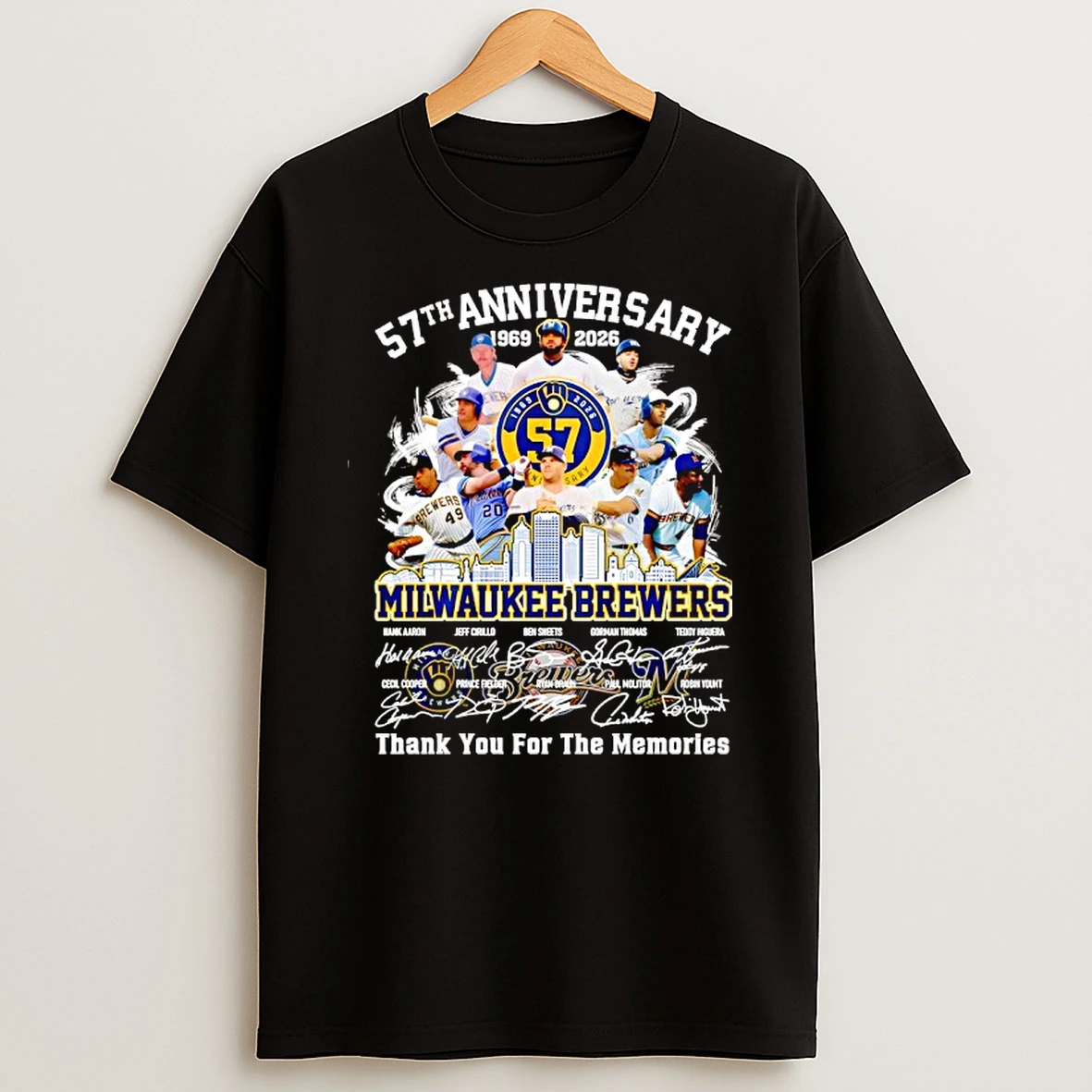 Milwaukee Brewers 57th Anniversary 1969 2026 Players And City Skyline Signature T Shirt