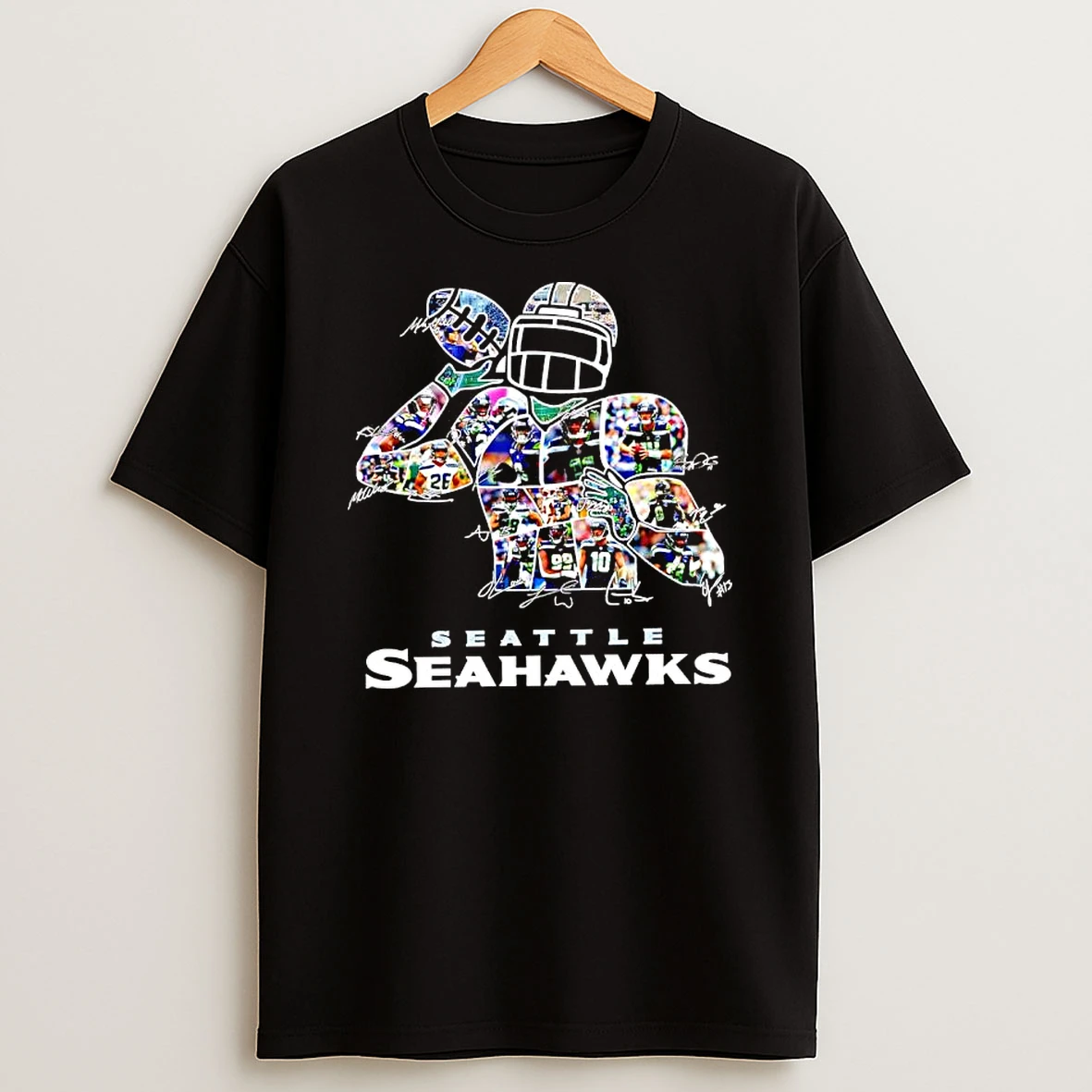 Montage Of Seattle Seahawks Players Signature Graphic T Shirt