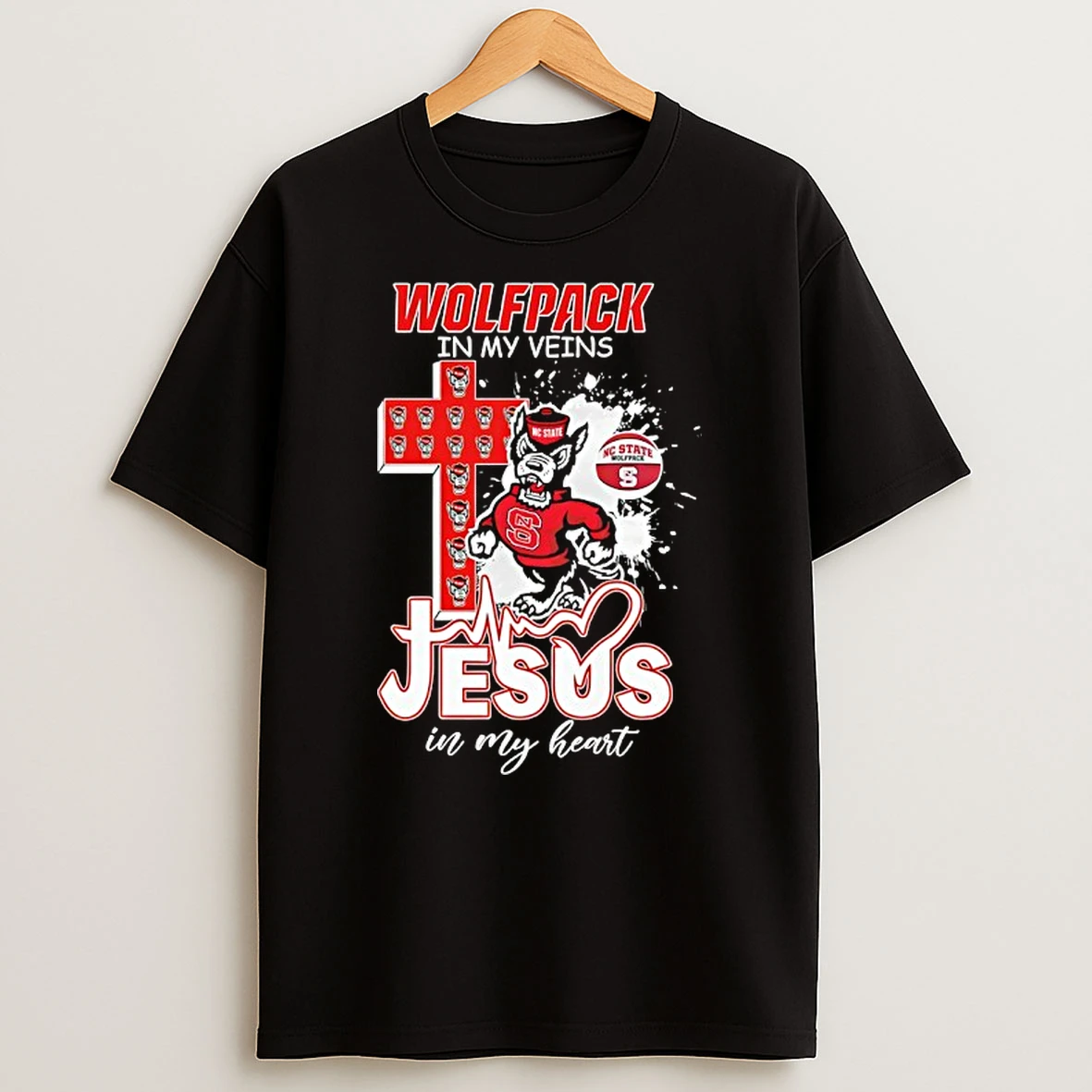 Nc State Wolfpack In My Veins Jesus In My Heart Mascot And Cross T Shirt