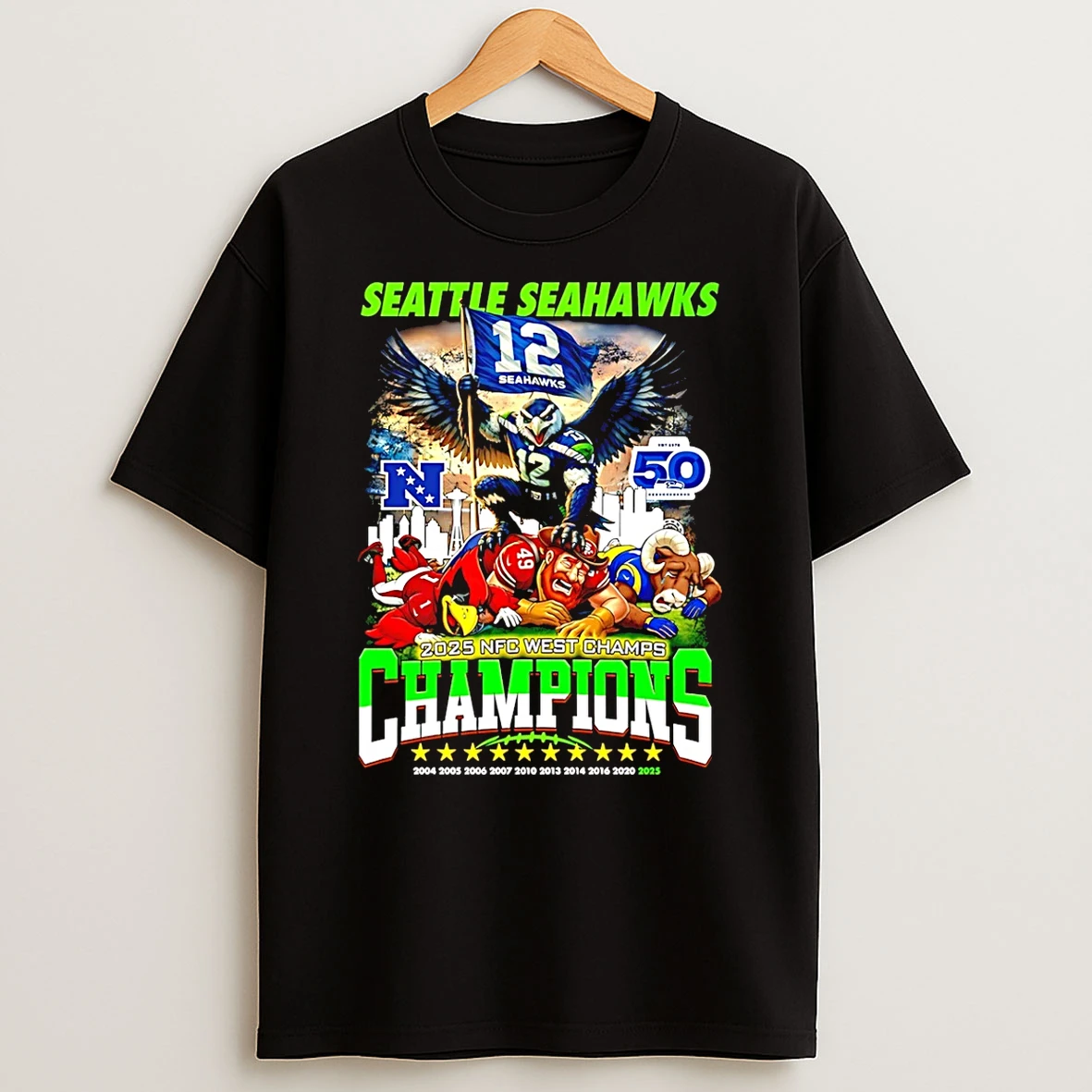 Nfc West Champions Seattle Seahawks 2025 10 Time Mascot T Shirt