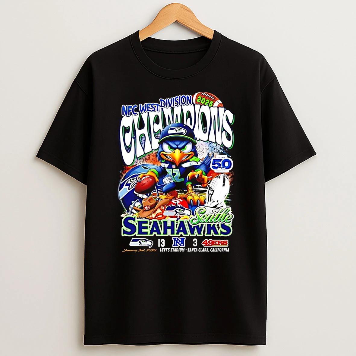 Nfc West Champions Seattle Seahawks 2025 13 3 Score Mascot T Shirt