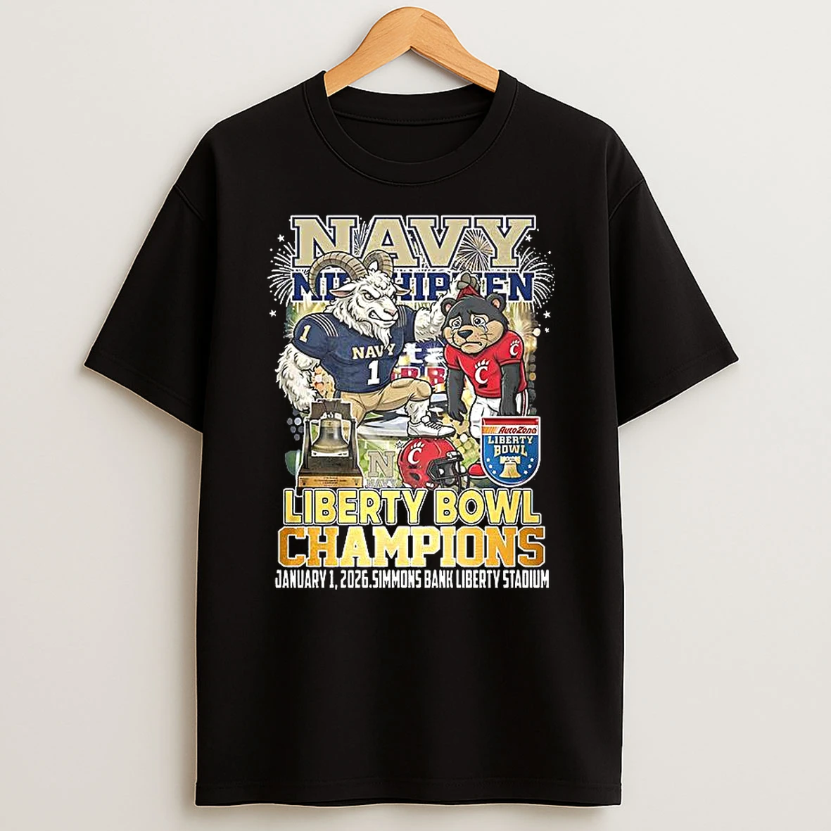 Navy Midshipmen Beat Cincinnati Bearcats Ncaa Autozone Liberty Bowl Champions 2026 Mascot T Shirt