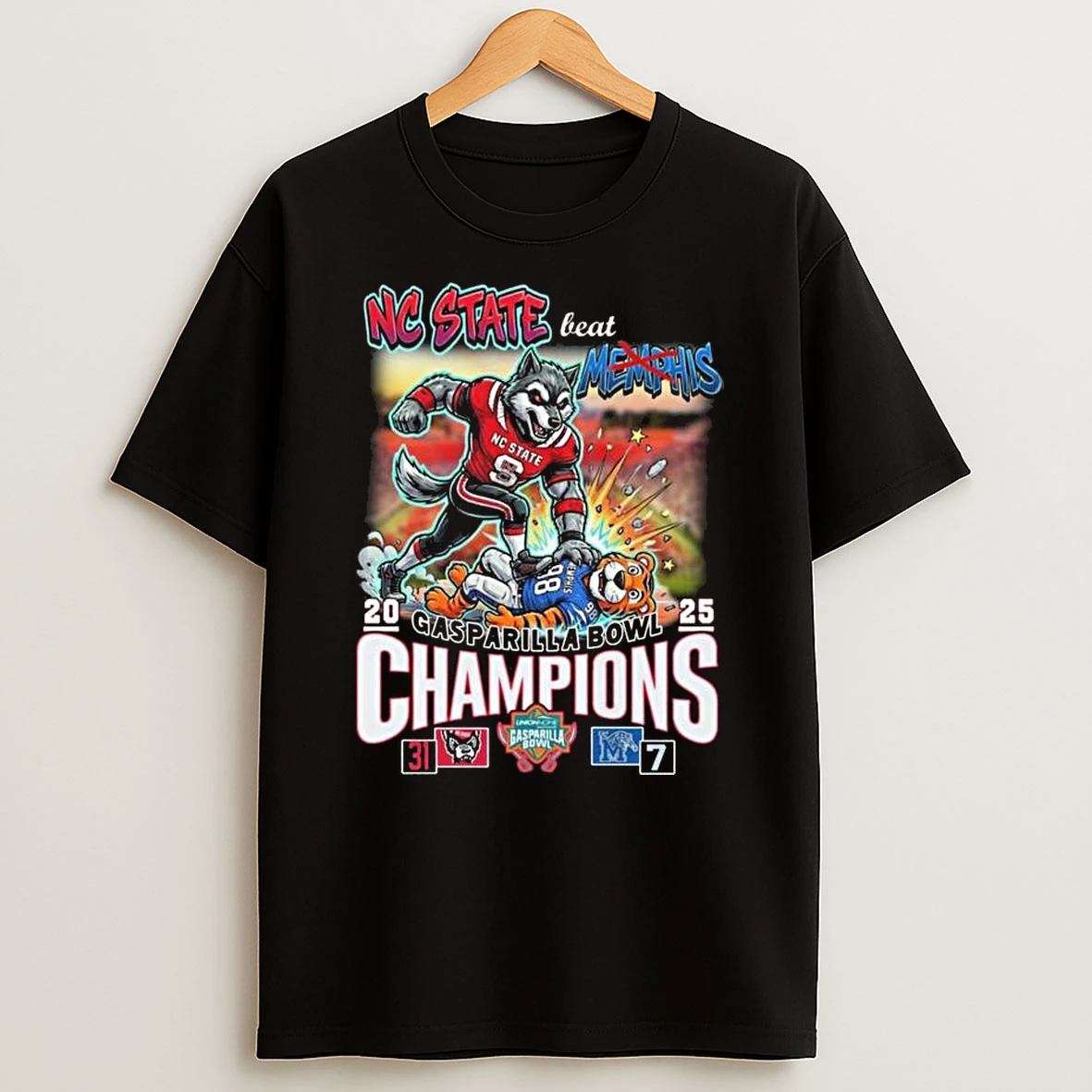 Nc State Beat Memphis Gasparilla Bowl Champions 2025 Score 31 7 Mascot T Shirt