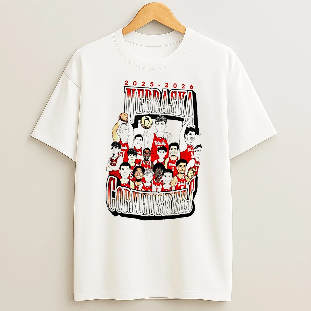 Nebraska Cornhuskers Mens Basketball 2025 2026 Cartoon Caricature T Shirt