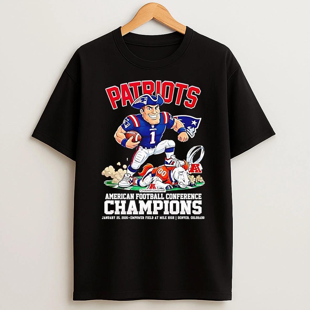 New England Patriots 2025 26 Afc Conference Champions Beat Denver Mascot T Shirt
