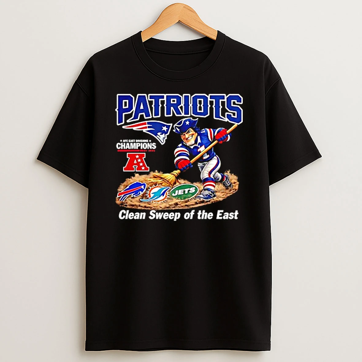 New England Patriots 2025 Afc East Division Champions Clean Sweep Of The East Mascot T Shirt