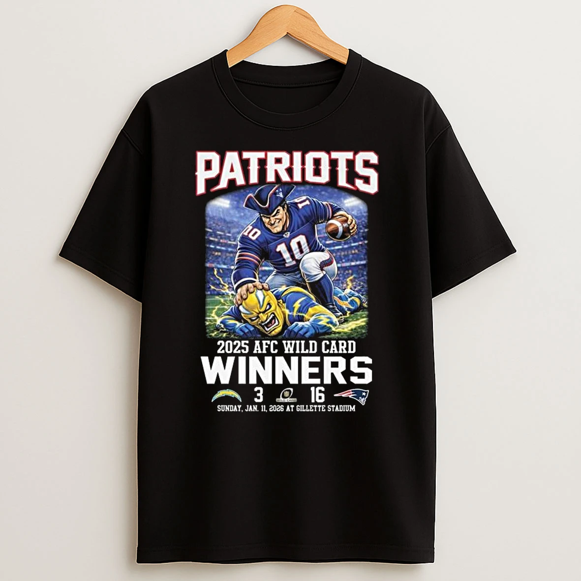 New England Patriots 2025 Afc Wild Card Winners Score 16 3 Los Angeles Chargers Mascot Jan 11 2026 T Shirt