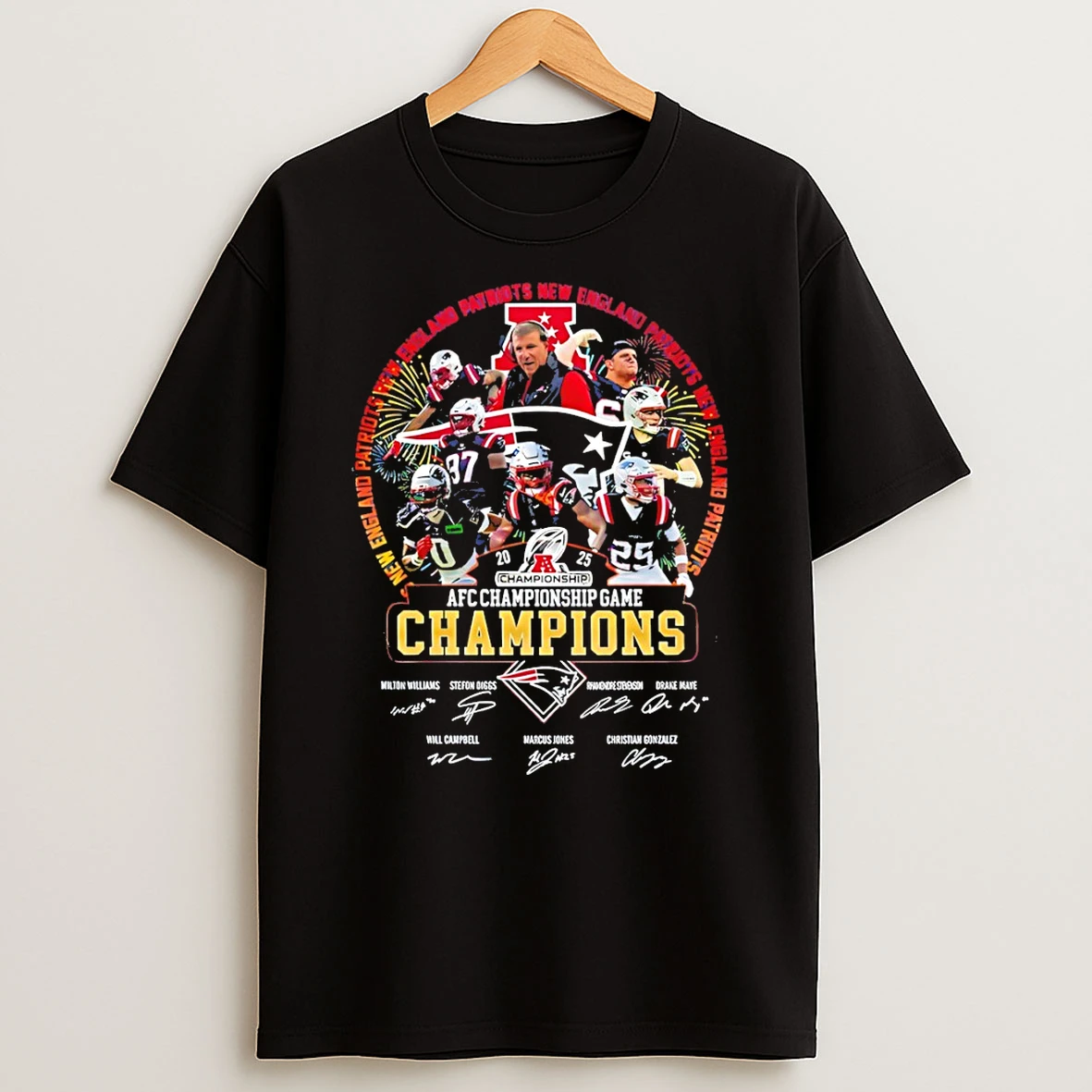 New England Patriots 2025 American Football Conference Champions Signatures T Shirt