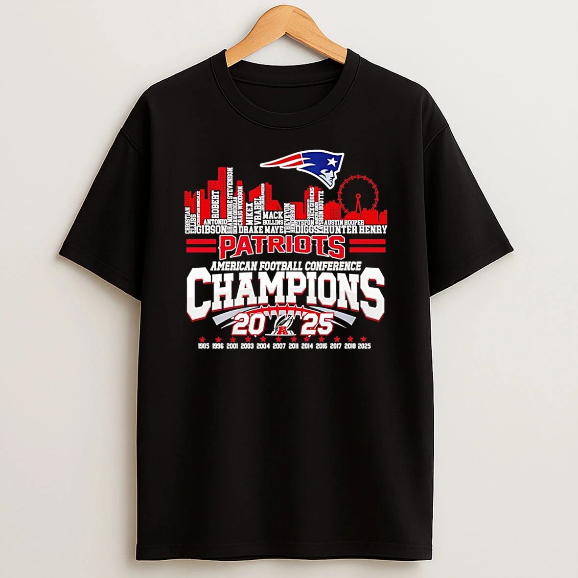 New England Patriots Afc Champions 2025 12 Time Player Name City Skyline T Shirt