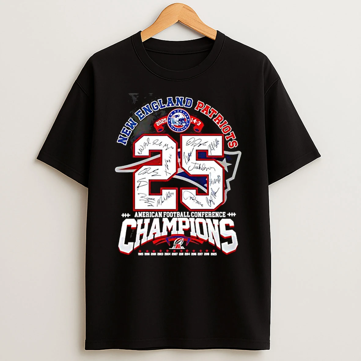 New England Patriots American Football Conference Champions 14 3 Score 2025 Signatures T Shirt