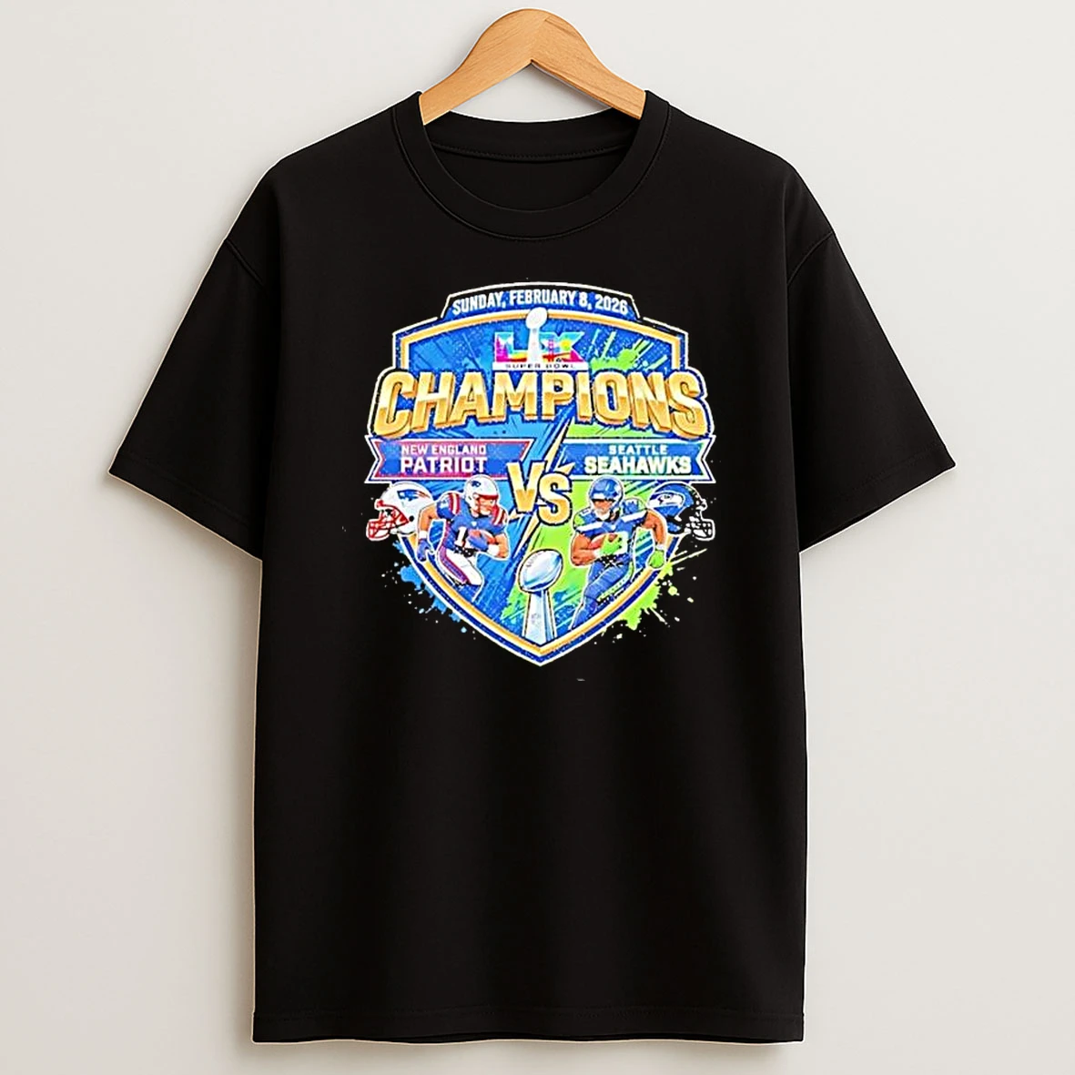New England Patriots Vs Seattle Seahawks Champions Super Bowl Lx Sunday Feb 8 2026 Badge T Shirt