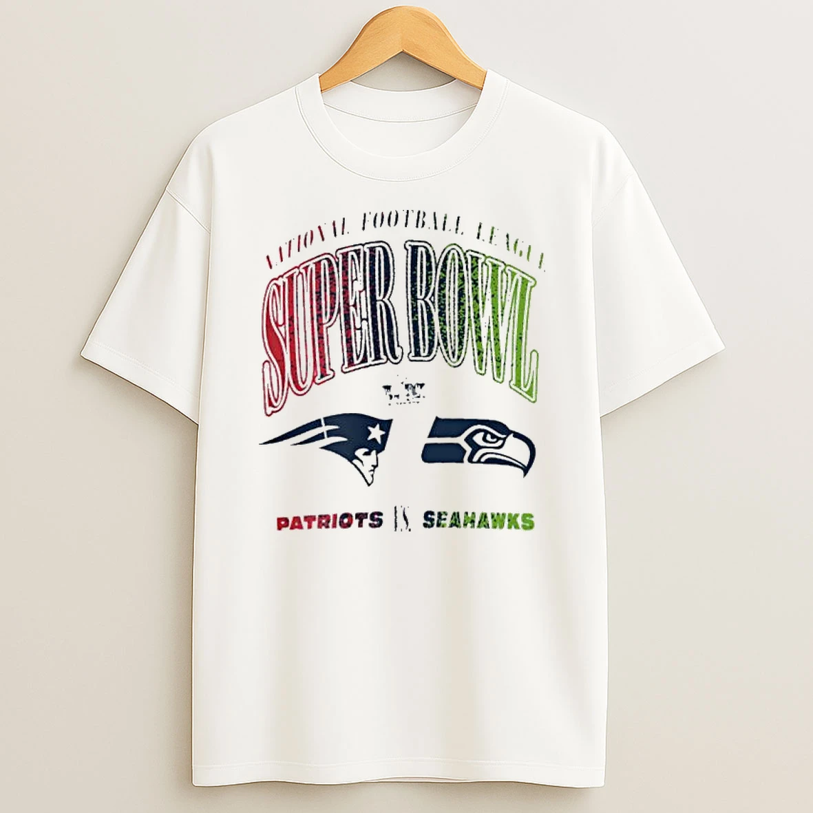 New England Patriots Vs Seattle Seahawks Wear By Erin Andrews White Super Bowl Lx Matchup T Shirt