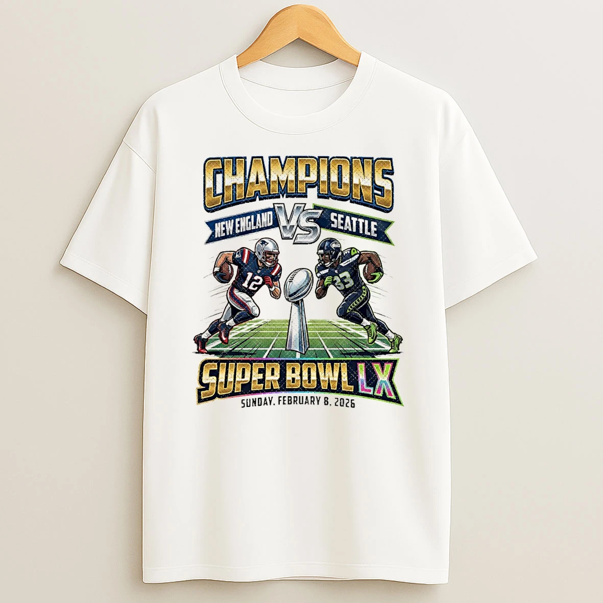 New England Patriots Vs Seattle Seahawks Football Players Championship Lix Super Bowl Final Big Game 2026 T Shirt