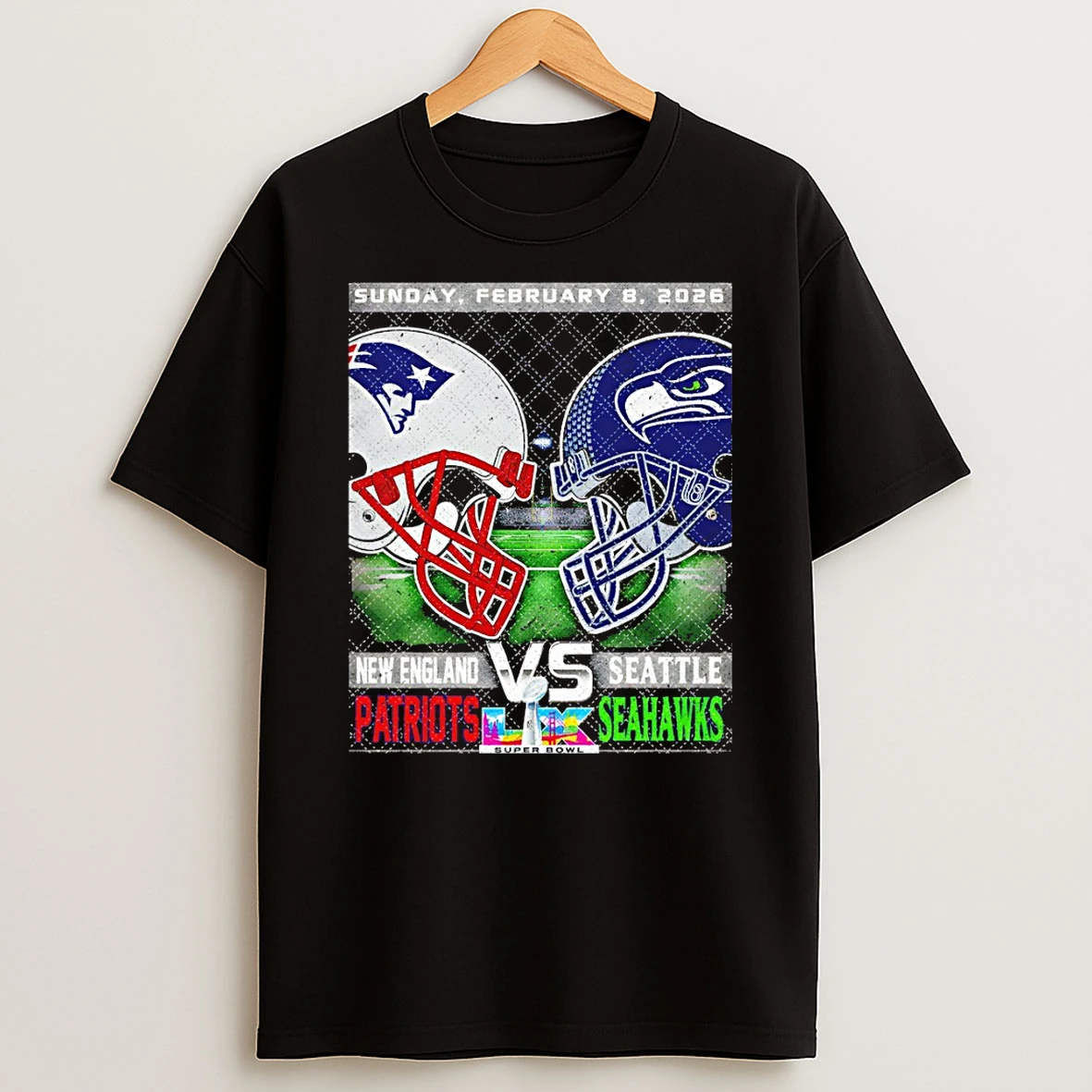 New England Patriots Vs Seattle Seahawks Helmet Championship Lix Super Bowl Final Football Sunday February 8 2026 T Shirt