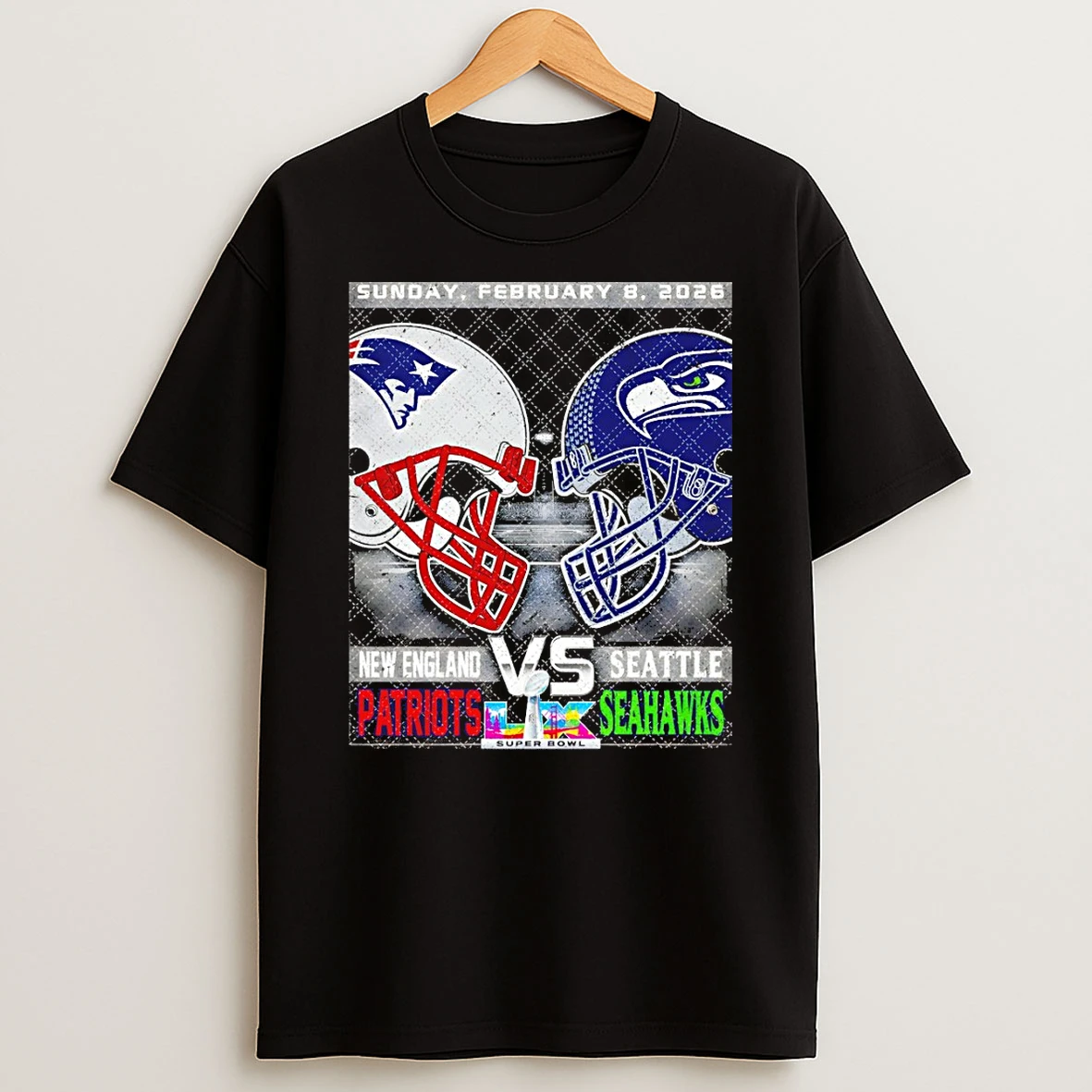 New England Patriots Vs Seattle Seahawks Helmet Football Championship Big Game Final Game Lix Super Bowl 2026 T Shirt