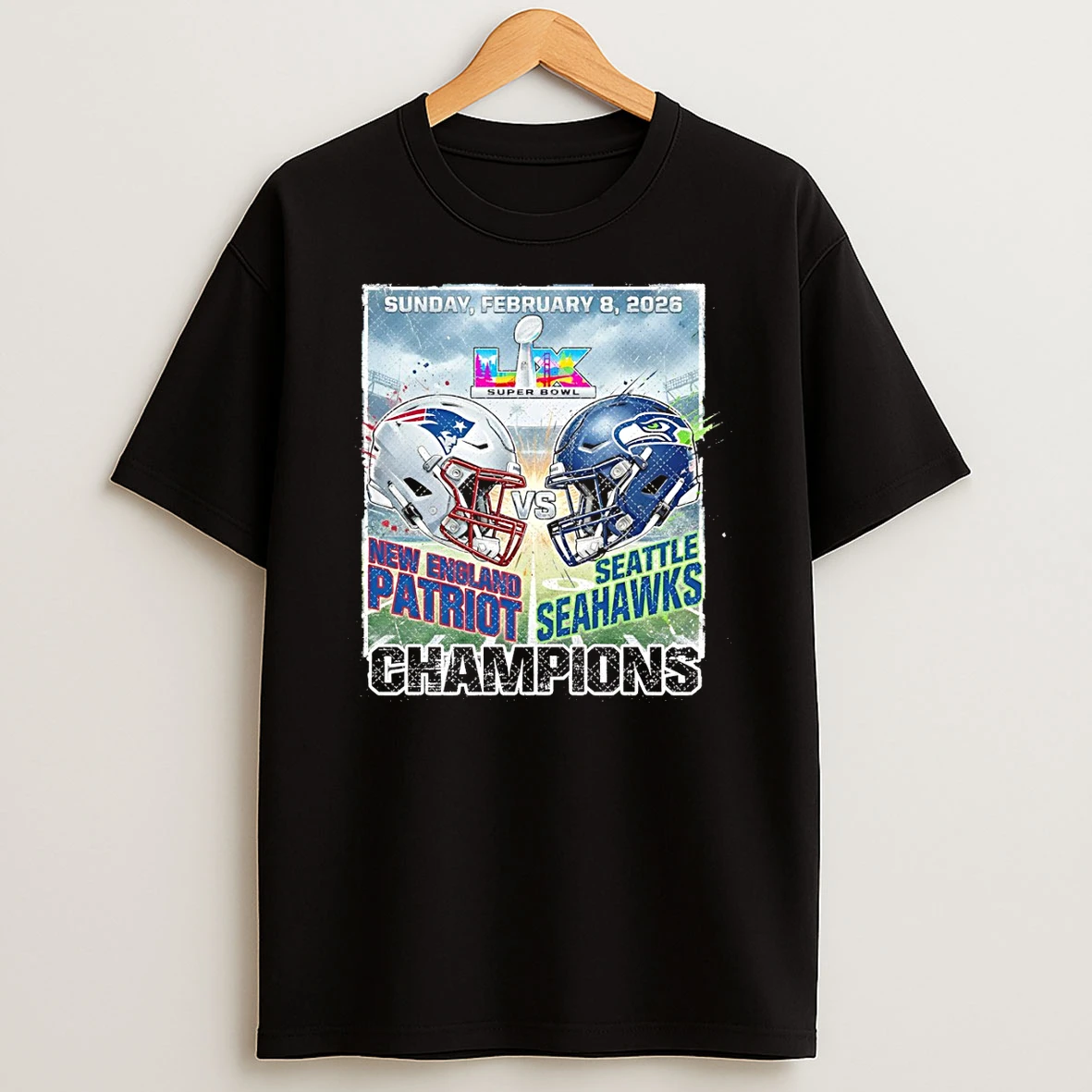 New England Patriots Vs Seattle Seahawks Mascot Championship Lix Super Bowl Final Game Football Sunday February 8 2026 T Shirt
