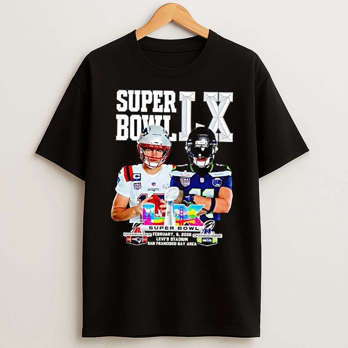 New England Patriots X Seattle Seahawks Super Bowl Lx Logo T Shirt