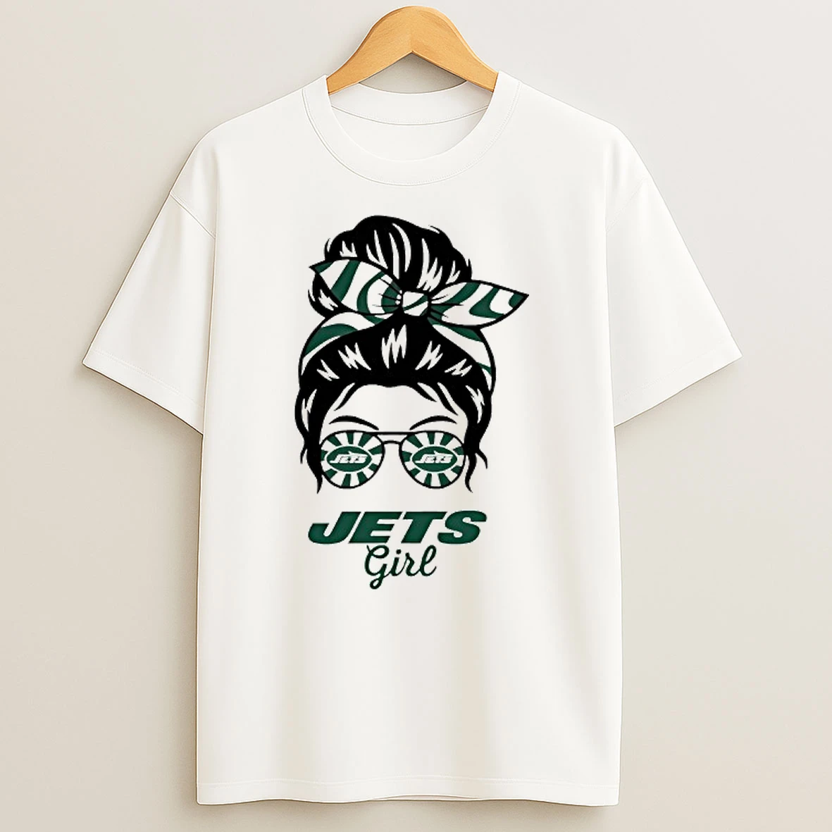 New York Jets Girl Messy Bun Glasses T Shirt