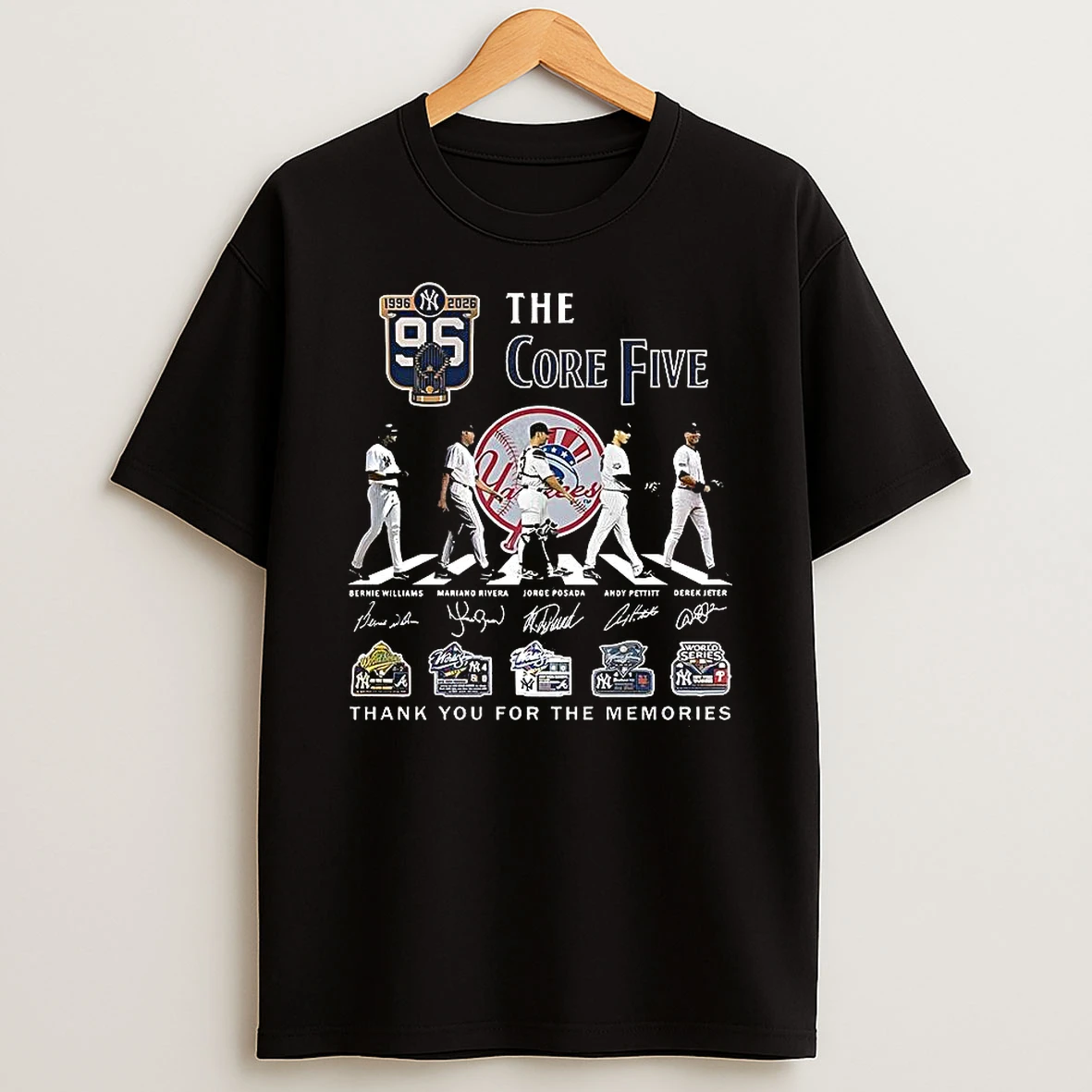 New York Yankees Mlb The Core Five 1996 2026 Jeter Rivera Petitt Williams Posada Signature T Shirt