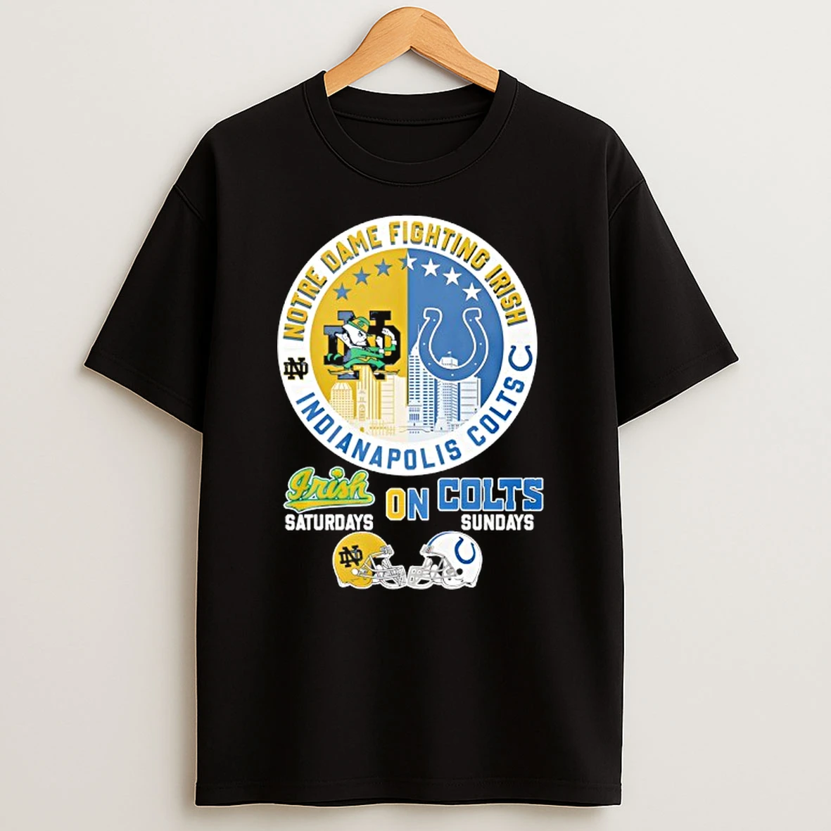 Notre Dame Fighting Irish On Saturdays And Indianapolis Colts On Sundays Helmet Logo Mashup T Shirt