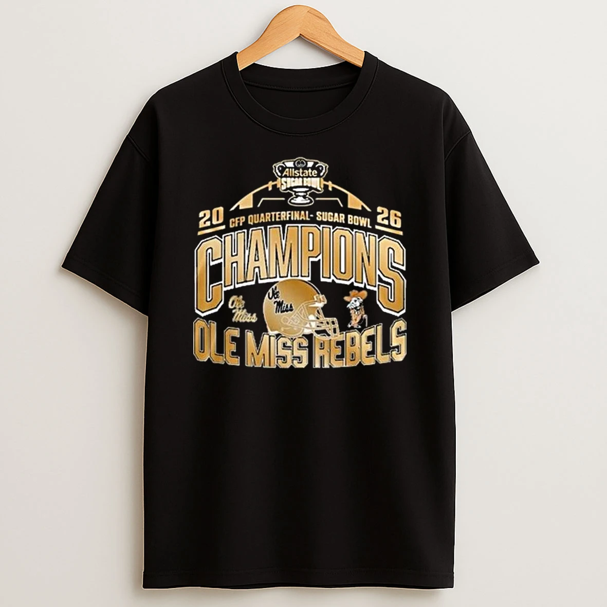 Ole Miss Rebels Cfp Quarterfinal Sugar Bowl Champions 2026 Gold Helmet T Shirt