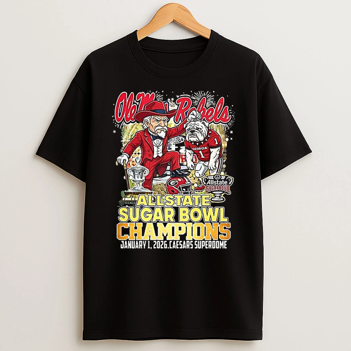 Ole Miss Rebels Beat Georgia Bulldogs Ncaa Allstate Sugar Bowl Champions 2026 Mascot T Shirt