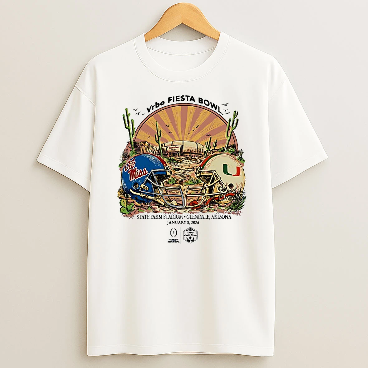 Ole Miss Rebels Vs Miami Hurricanes 2026 Vrbo Fiesta Bowl Sunset Helmet Circle T Shirt