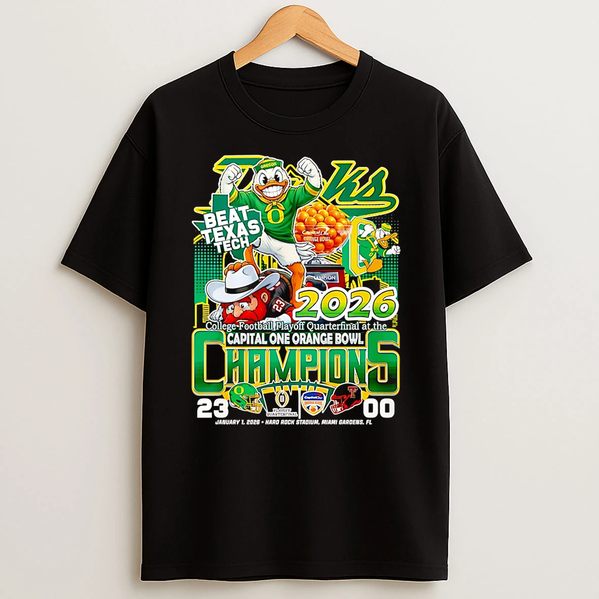Oregon Beat Texas Tech 2026 Capital One Orange Bowl Champions Mascot T Shirt