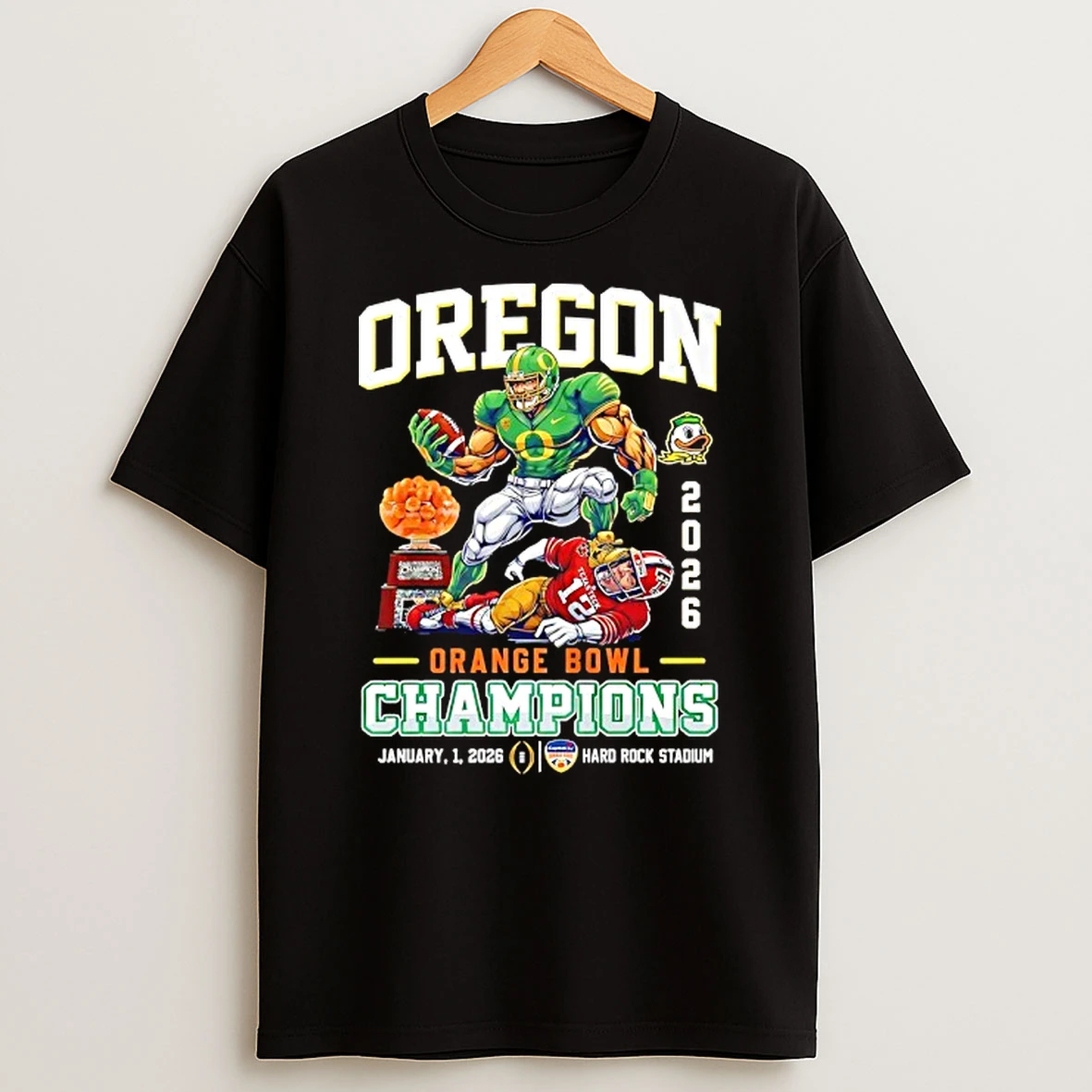 Oregon Ducks 2026 Orange Bowl Champions Defeat Texas Tech Red Raiders Mascot T Shirt
