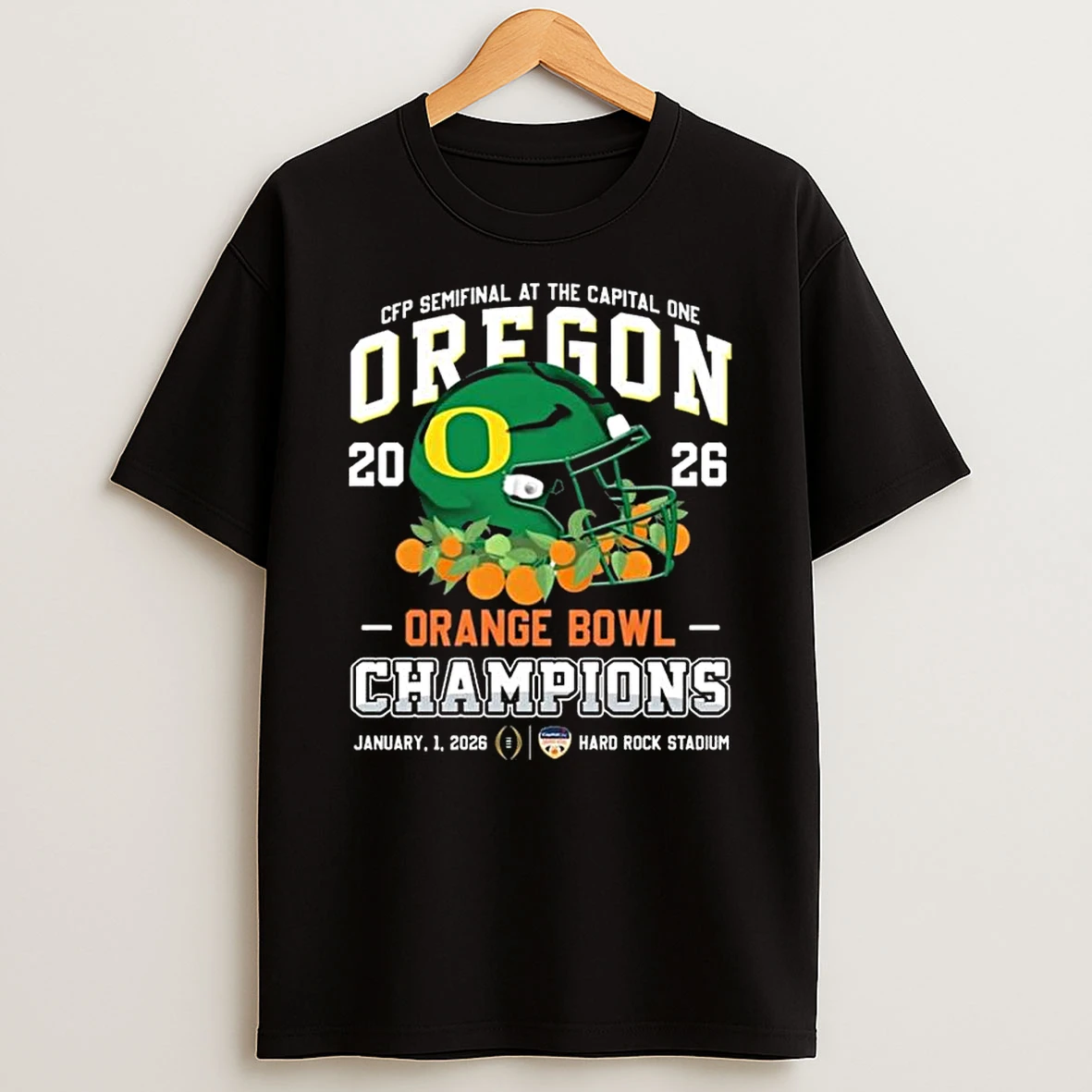 Oregon Ducks Helmet Logo Cfp Semifinal At The Capital One Orange Bowl Champions Jan 1 2026 Hard Rock Stadium T Shirt
