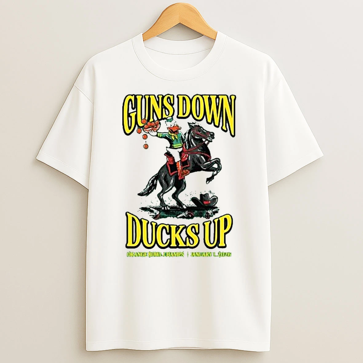 Oregon Ducks Mascot Guns Down Ducks Up Orange Bowl Champs 2026 T Shirt