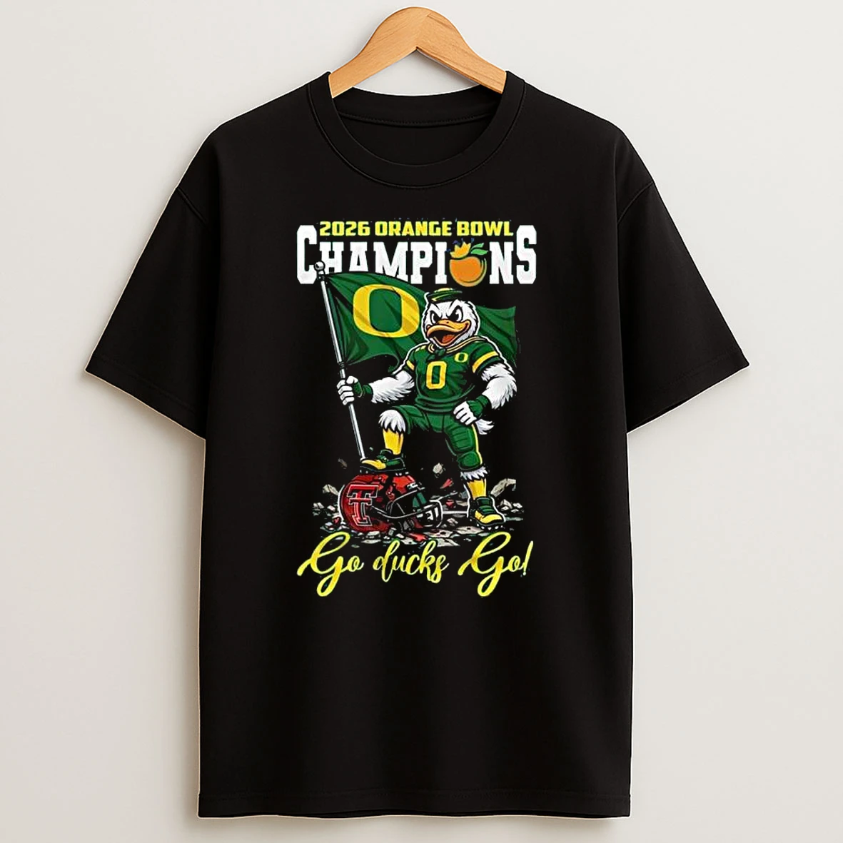 Oregon Ducks Ncaa 2026 Orange Bowl Champions Mascot Flag Go Ducks Go T Shirt