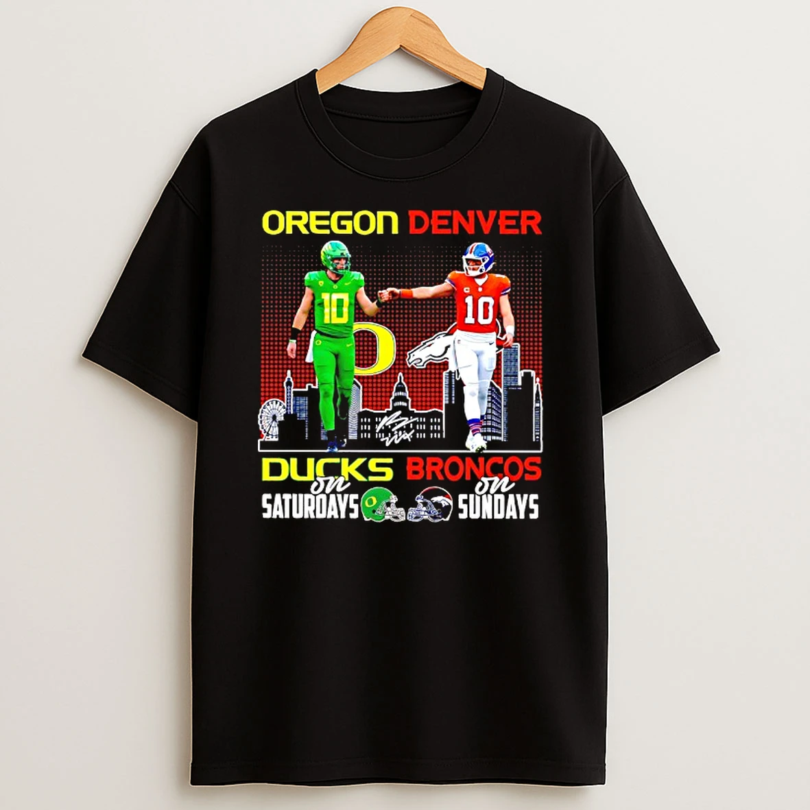 Oregon Ducks On Saturdays And Denver Broncos On Sundays Bo Nix Skyline T Shirt