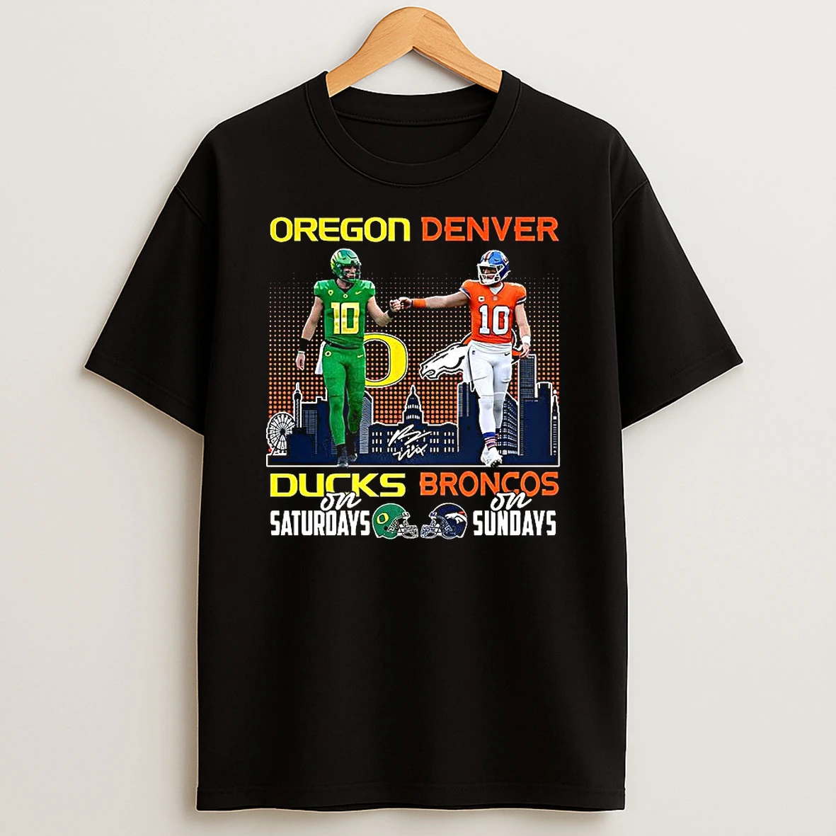 Oregon Ducks On Saturdays And Denver Broncos On Sundays Bo Nix Signature Skyline T Shirt