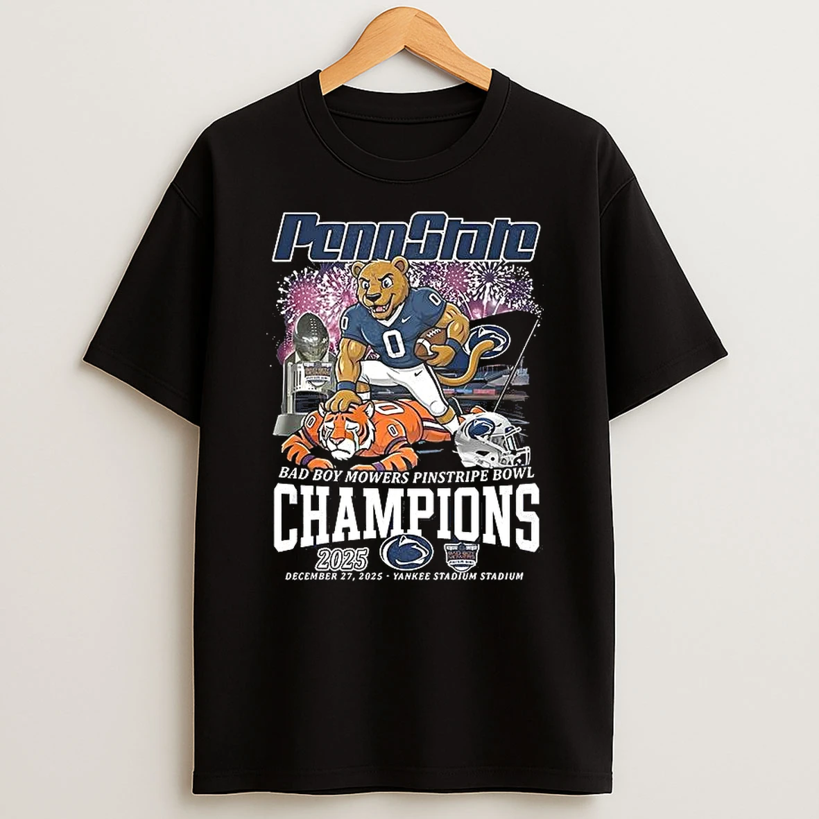 Penn State Nittany Lions Ncaa Bad Boy Mowers Pinstripe Bowl Champions 2025 Yankee Stadium T Shirt