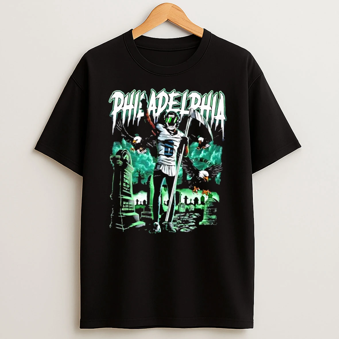 Philadelphia Eagles Slim Reaper Graveyard Football Graphic T Shirt