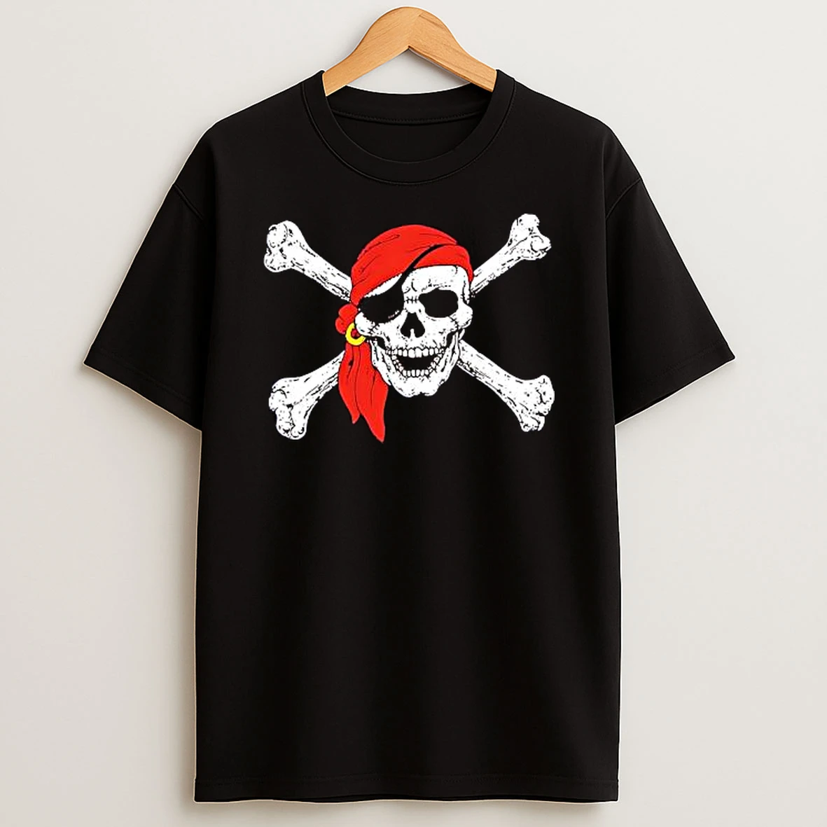 Pirate Jolly Roger Skull Red Bandana Eye Patch Gold Earring Crossbones Graphic Nautical T Shirt