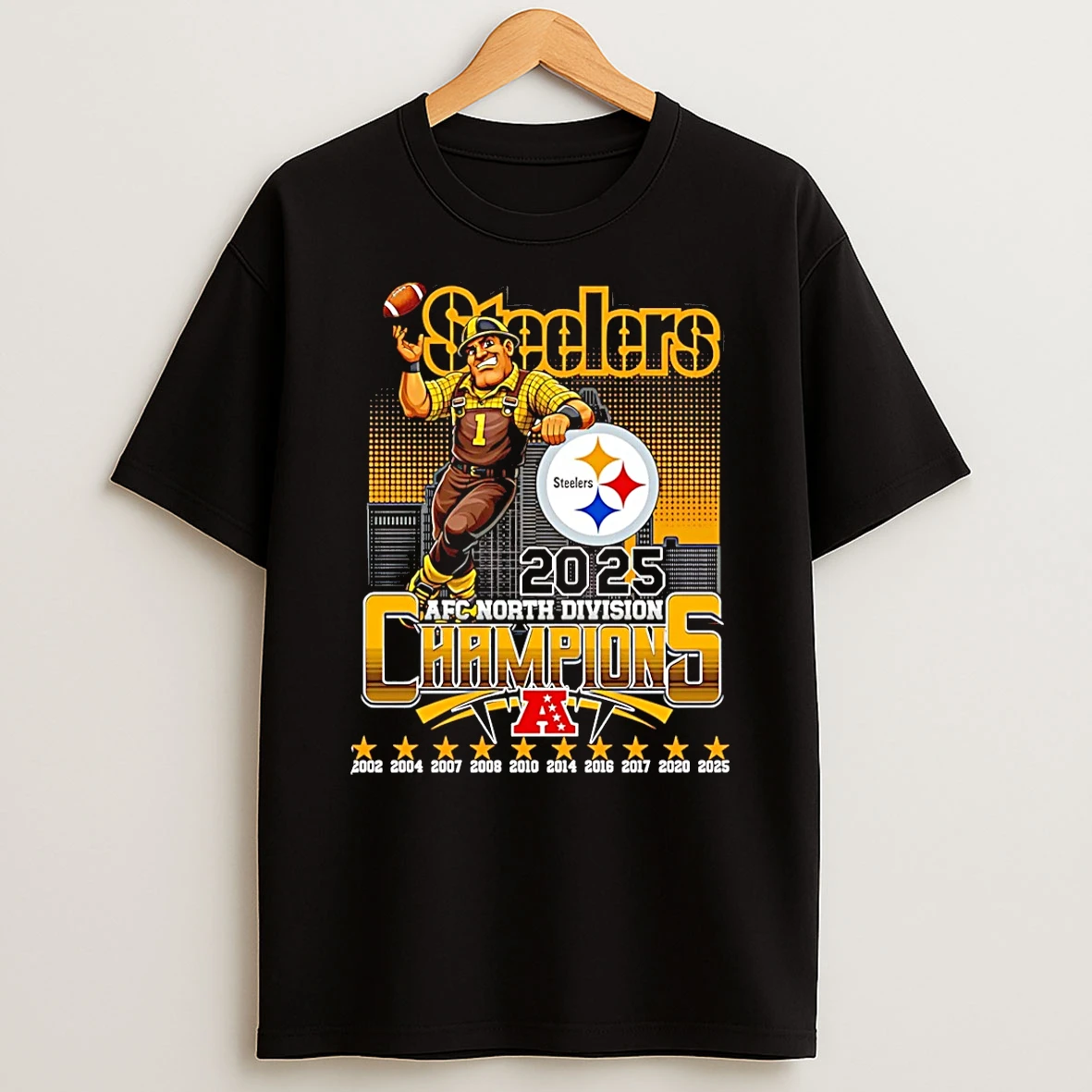 Pittsburgh Steelers 2025 Afc North Champions Mascot Skyline T Shirt