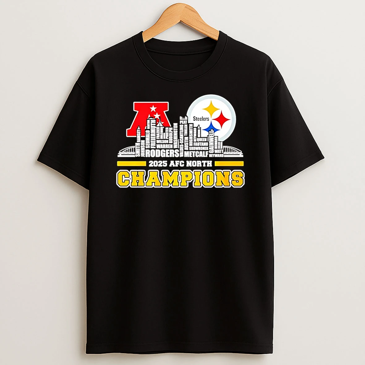 Pittsburgh Steelers 2025 Afc North Champions Names City Skyline T Shirt