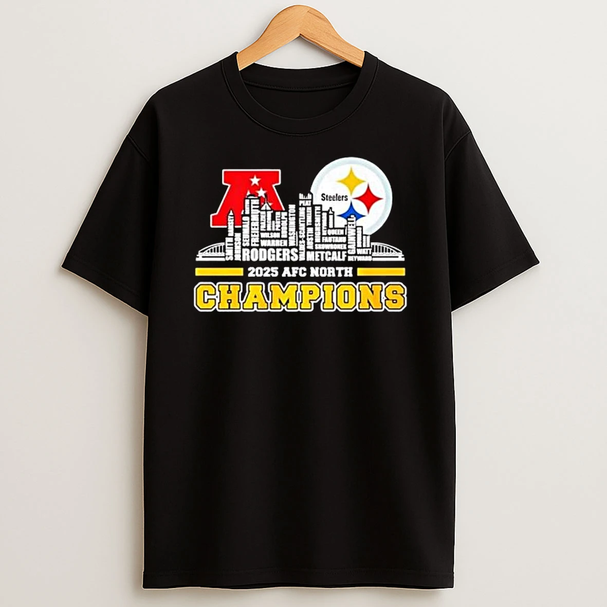 Pittsburgh Steelers 2025 Afc North Champions Names City Skyline Logo T Shirt